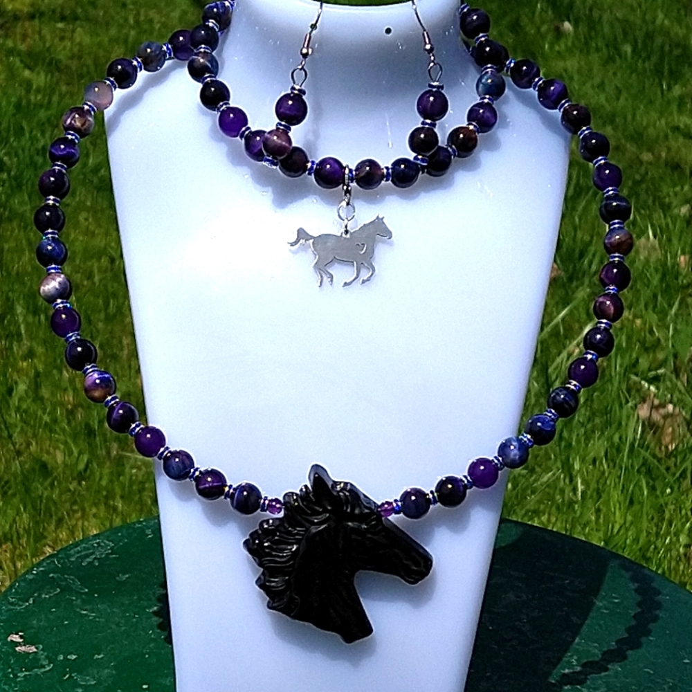 Rainbow Tiger's Eye necklace with a Black Obsidian horse head pendant